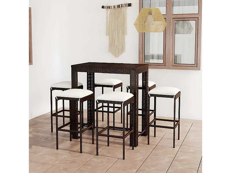 Set de bar para jardín 7 pzas y cojines ratán sintético marrón ES481606