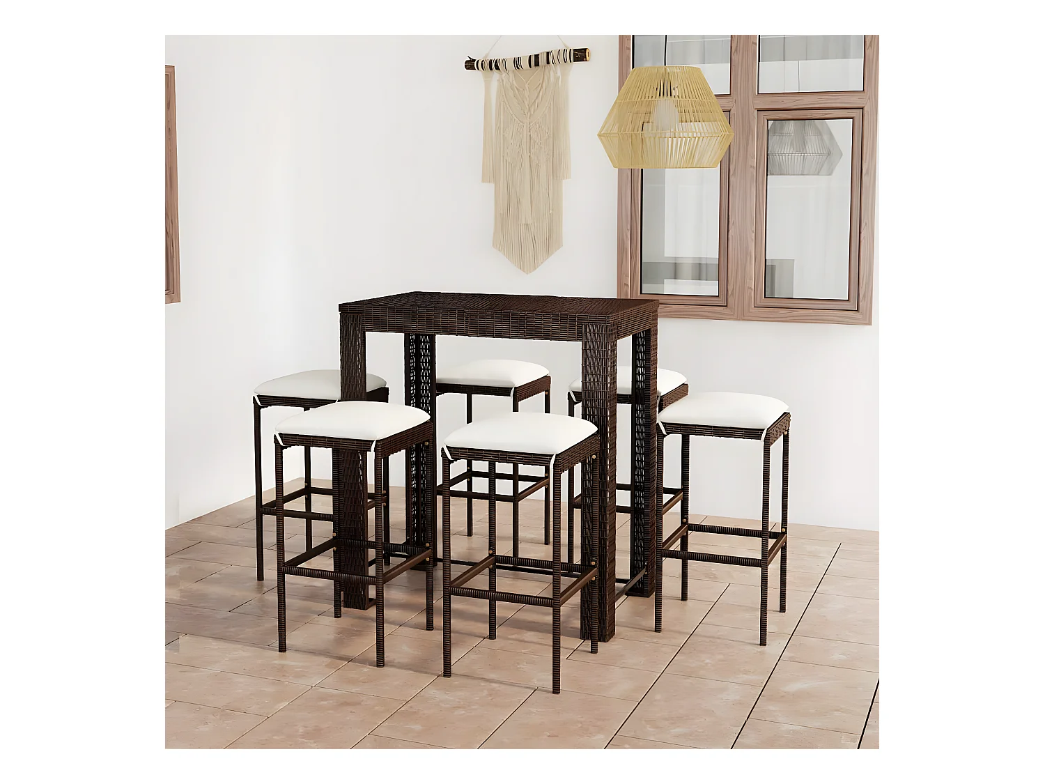 Meuble de bar de jardin 7 pcs et coussins Résine tressée Marron GFDF85457