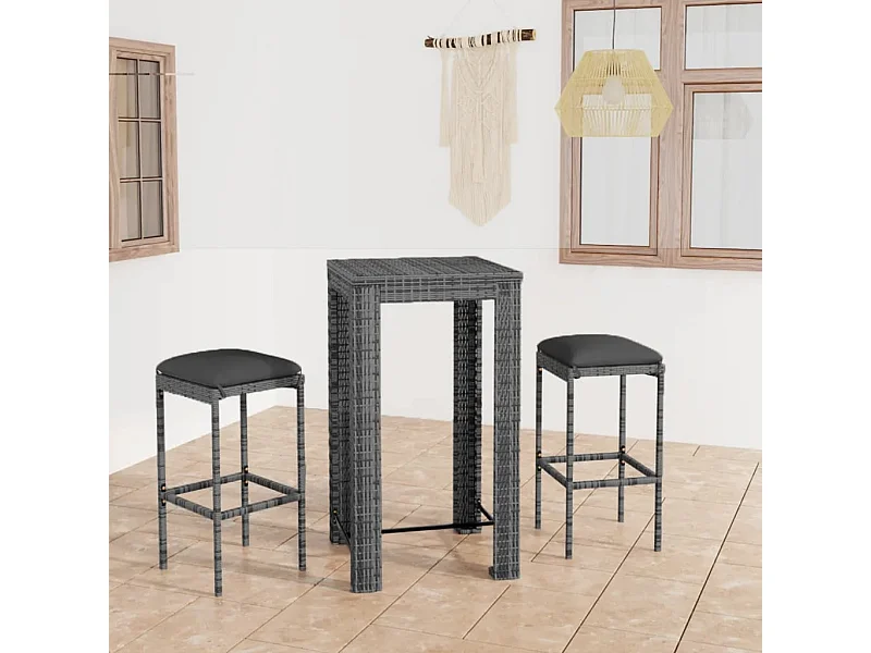 Set muebles bar jardín 3 piezas y cojines ratán sintético gris ES689191
