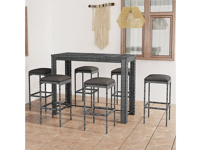 Ensemble de bar de jardin 7 pcs et coussins Résine tressée Gris GFDF59939