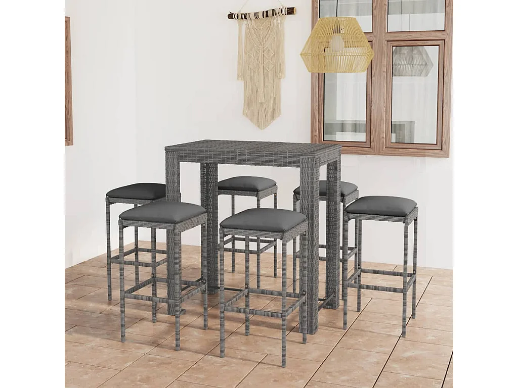 Set muebles bar jardín 7 piezas y cojines ratán sintético gris ES479316