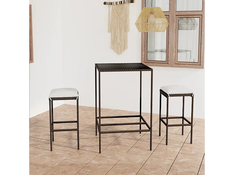 Meuble de bar de jardin 3 pcs et coussins Résine tressée Marron GFDF61798
