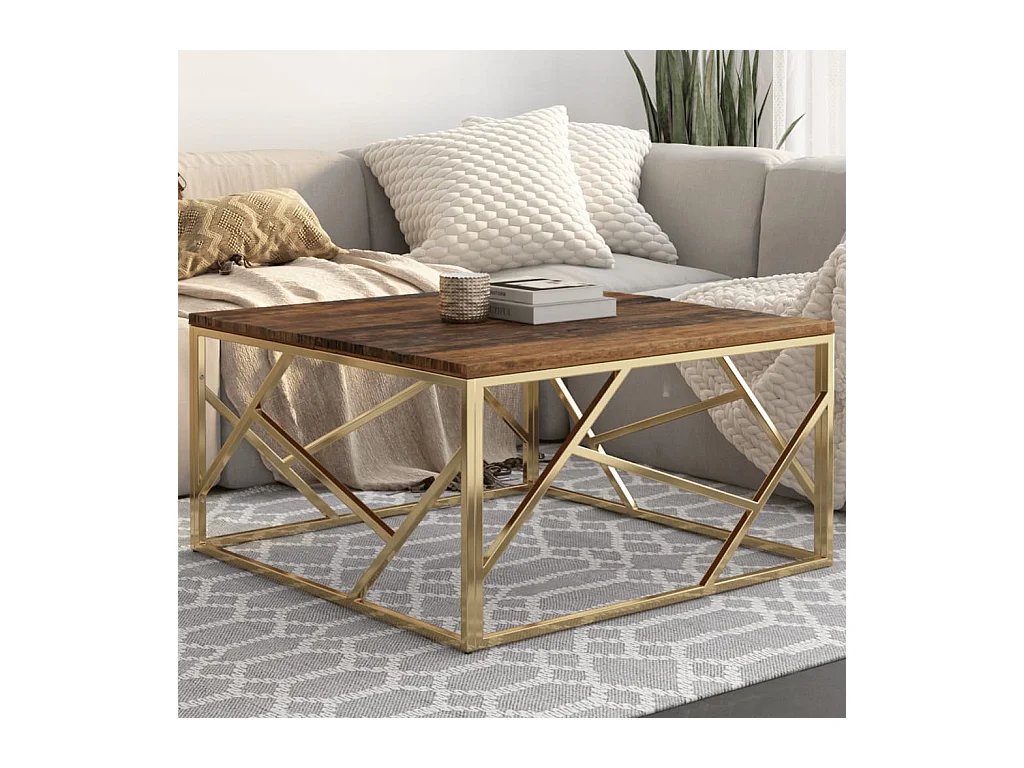 Table basse doré acier inoxydable et bois de mélèze massif GHR62040