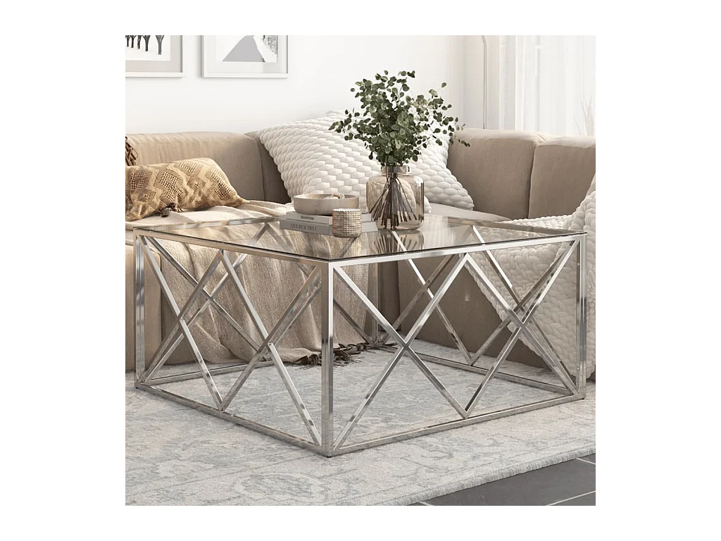 Table basse argenté acier inoxydable et verre trempé GHR74386