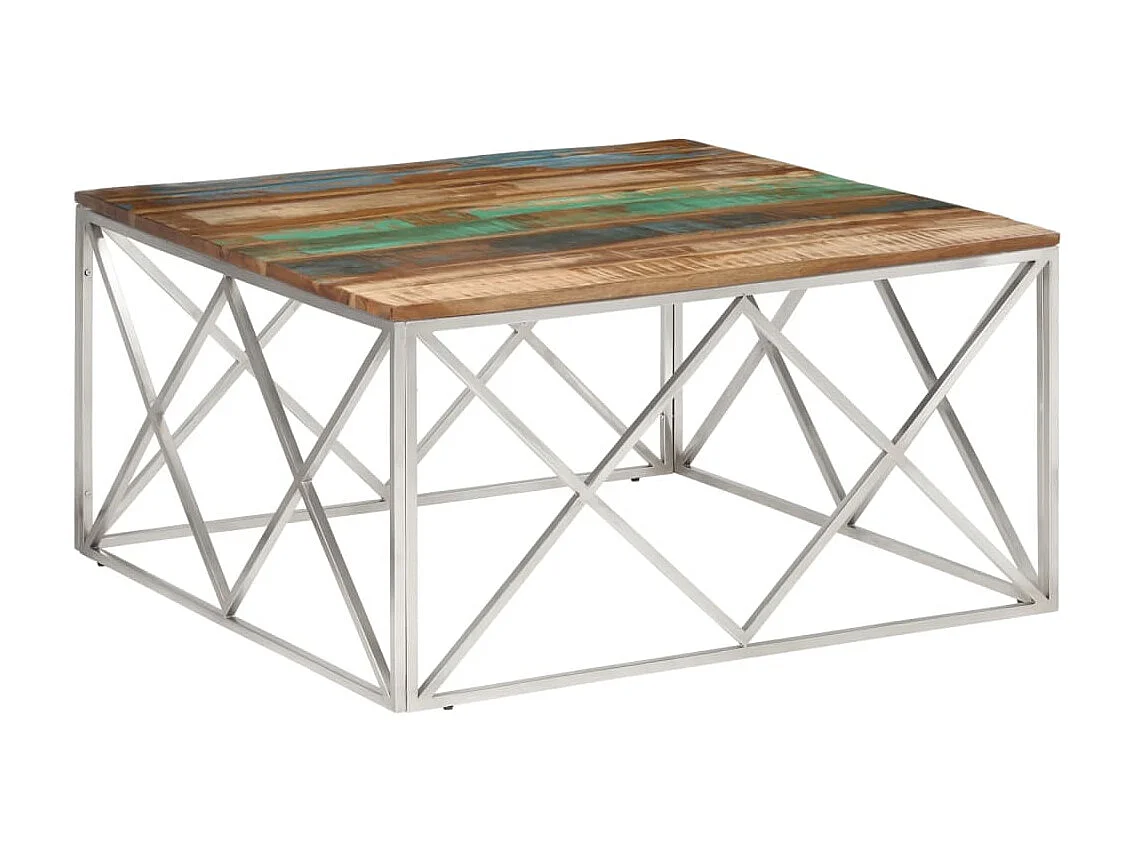 Table basse argenté inox et bois de récupération massif GHR59942