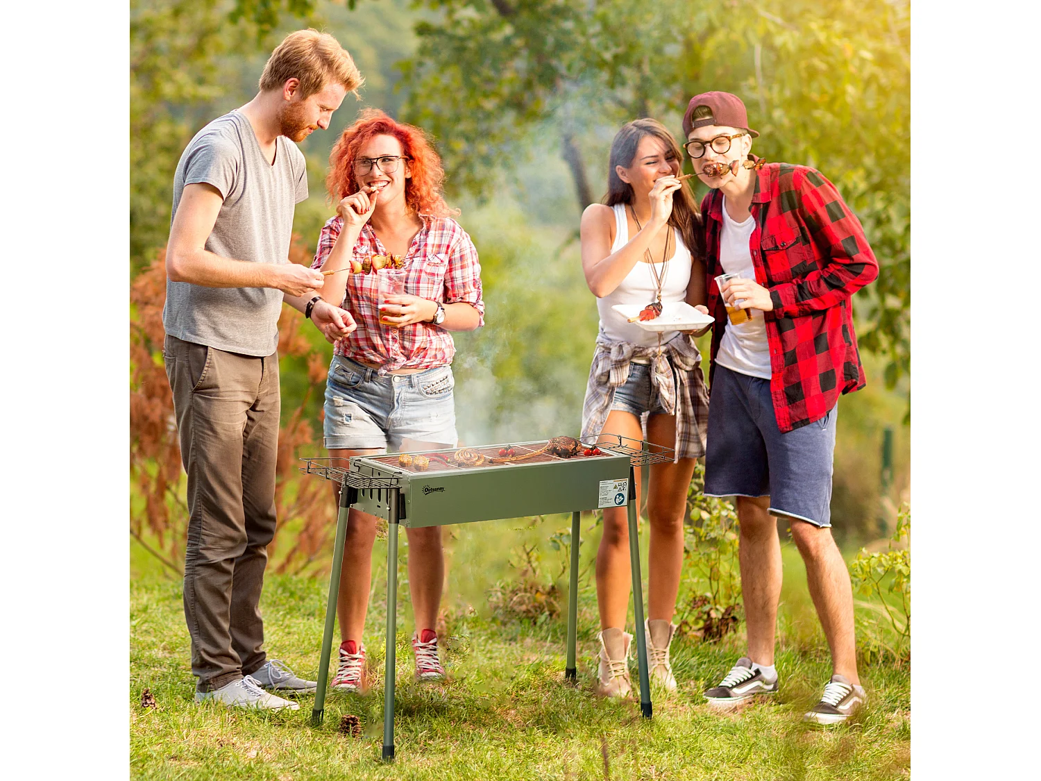 Barbecue à charbon portable - 2 grilles, 2 paniers latéraux - dim. 77L x 30l x 70H cm - acier émaillé vert