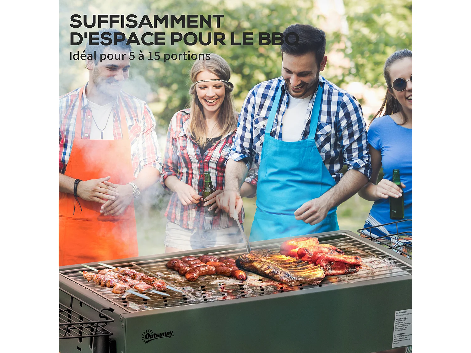 Barbecue à charbon portable - 2 grilles, 2 paniers latéraux - dim. 77L x 30l x 70H cm - acier émaillé vert