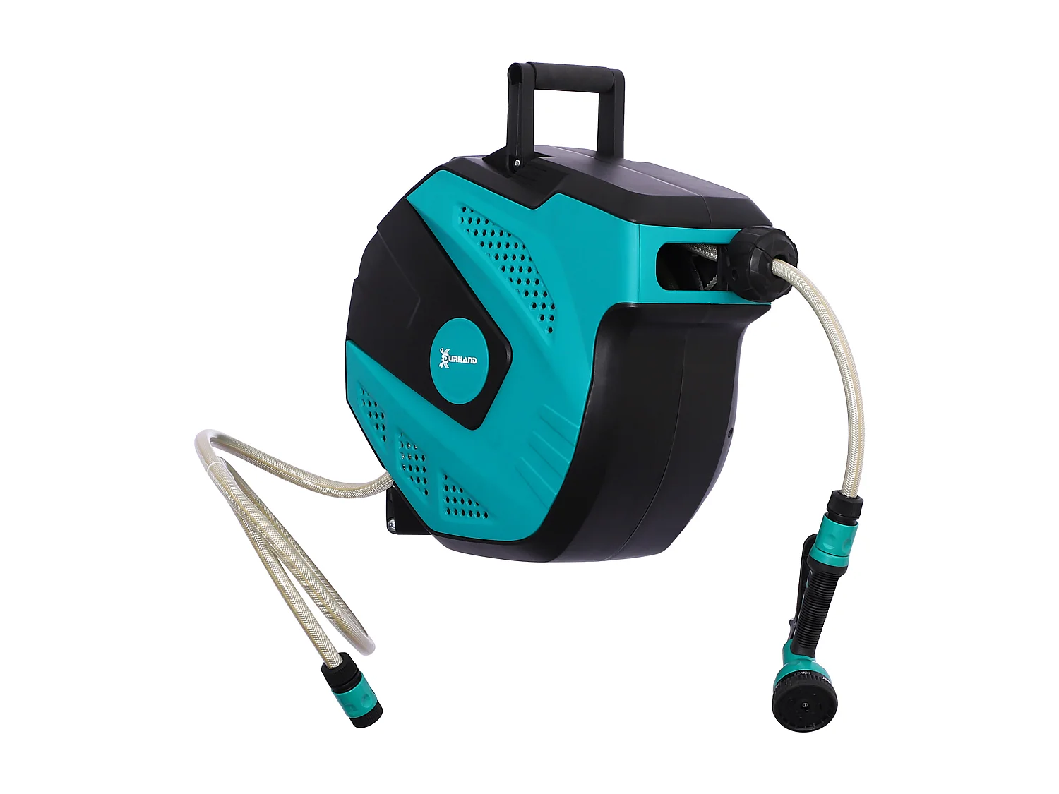 Dévidoir mural enrouleur automatique pivotant 180° tuyau 15 + 1,5 m avec lance arrosage support mural intégré turquoise noir