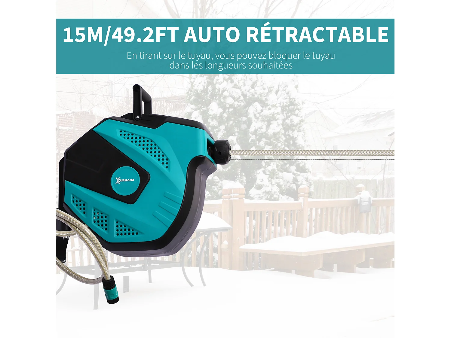 Dévidoir mural enrouleur automatique pivotant 180° tuyau 15 + 1,5 m avec lance arrosage support mural intégré turquoise noir