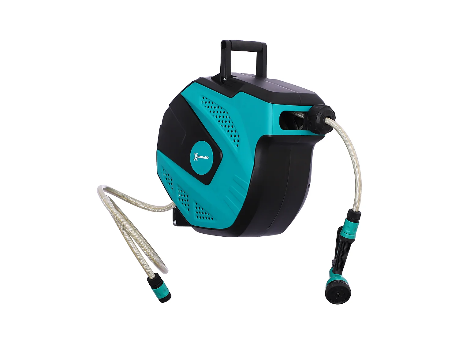 Dévidoir mural enrouleur automatique pivotant 180° tuyau 15 + 1,5 m avec lance arrosage support mural intégré turquoise noir