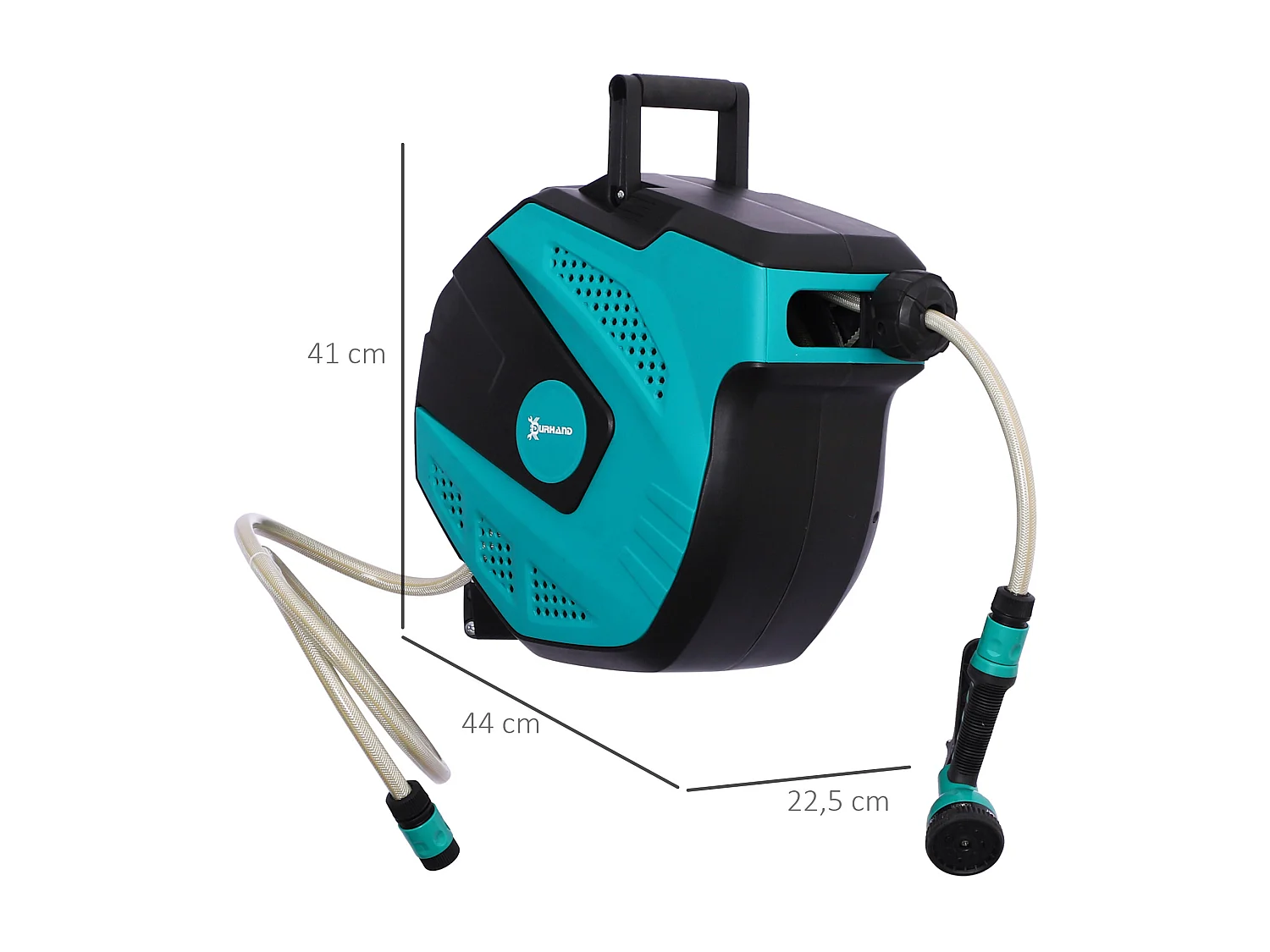 Dévidoir mural enrouleur automatique pivotant 180° tuyau 15 + 1,5 m avec lance arrosage support mural intégré turquoise noir