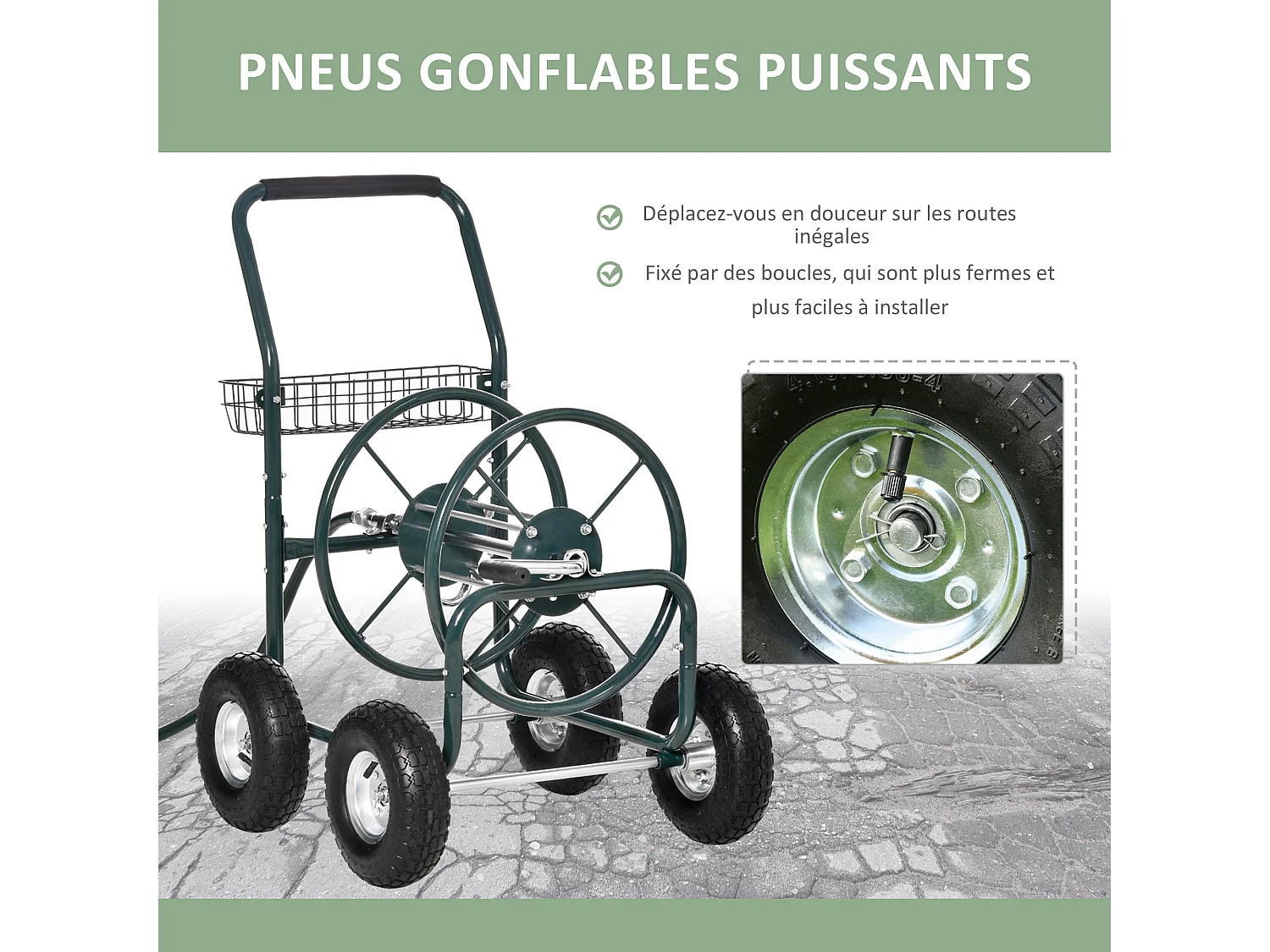 Dévidoir sur roues 70 m - dévidoir métal - dévidoir chariot - enrouleur tuyau d'arrosage - poignée antidérapante, panier rangement - métal vert