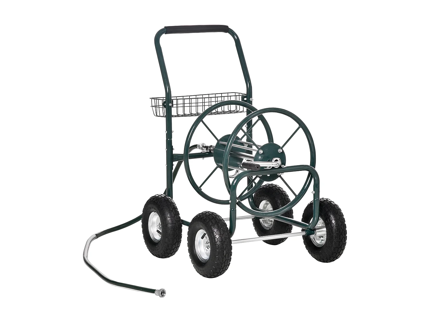Dévidoir sur roues 70 m - dévidoir métal - dévidoir chariot - enrouleur tuyau d'arrosage - poignée antidérapante, panier rangement - métal vert