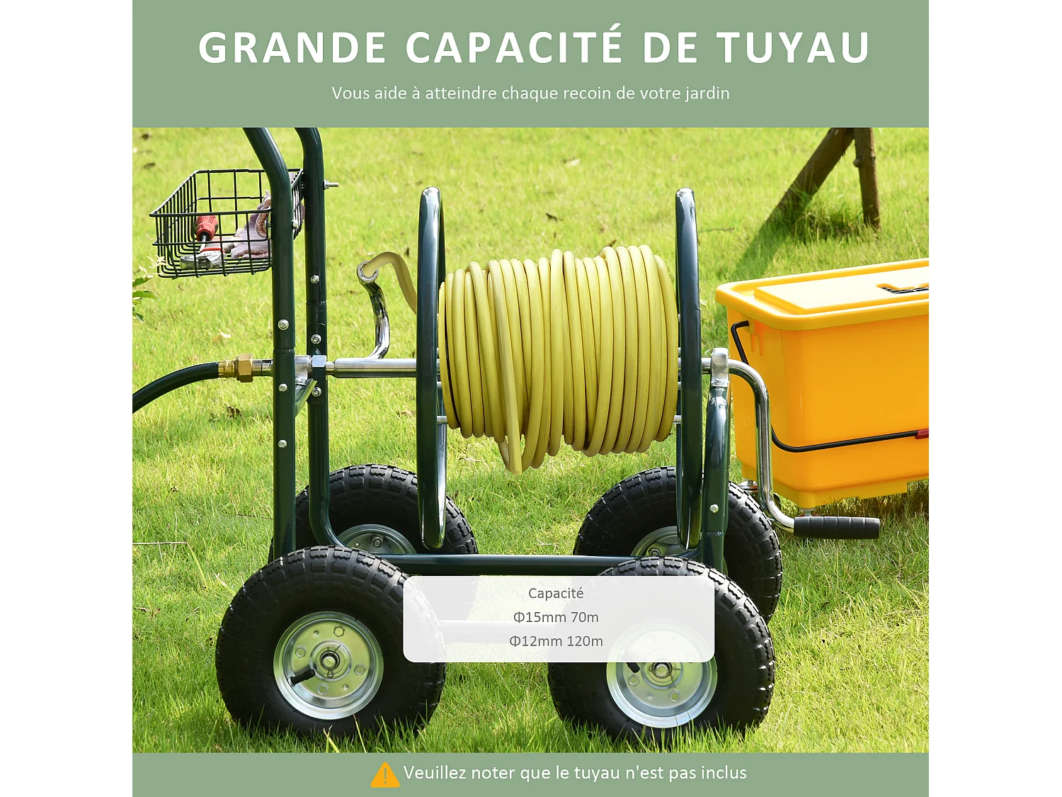Dévidoir sur roues 70 m - dévidoir métal - dévidoir chariot - enrouleur tuyau d'arrosage - poignée antidérapante, panier rangement - métal vert
