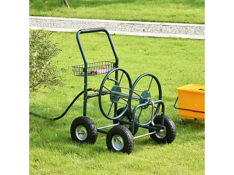 Dévidoir sur roues 70 m - dévidoir métal - dévidoir chariot - enrouleur tuyau d'arrosage - poignée antidérapante, panier rangement - métal vert
