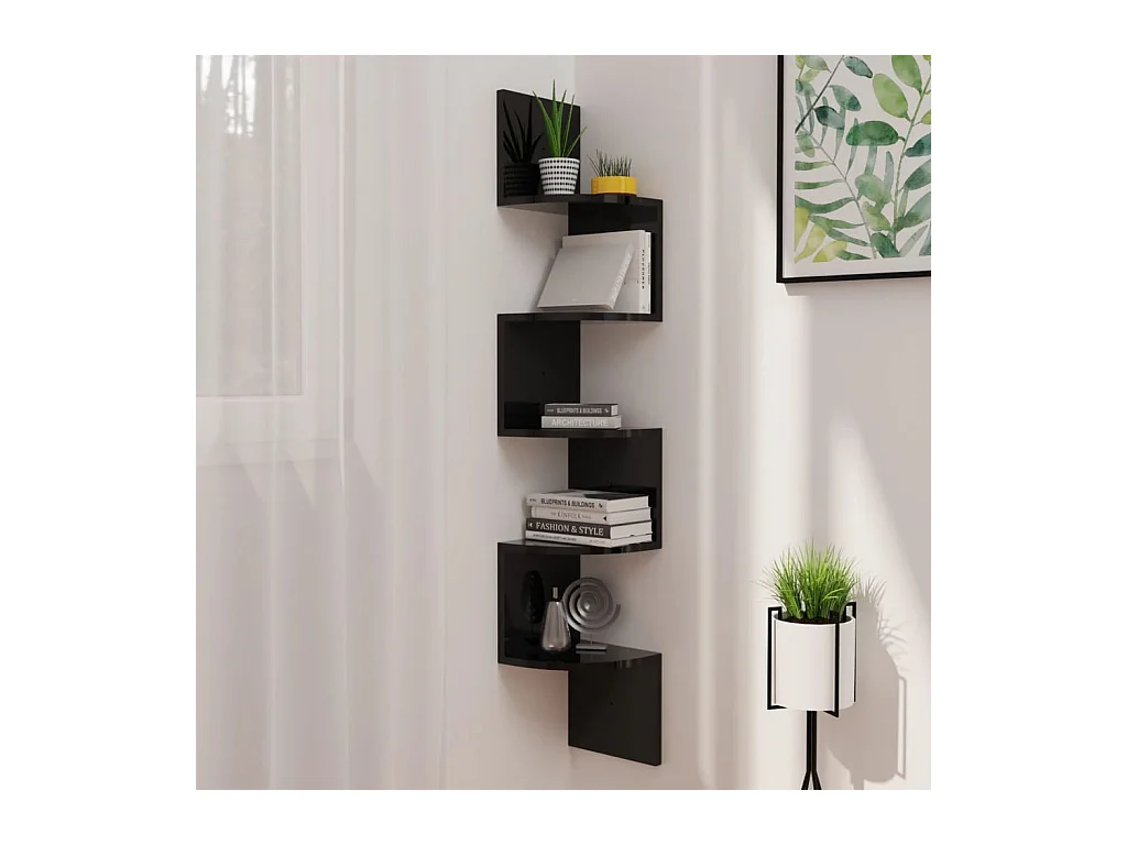 Étagère d'angle murale Noir brillant 19x19x123 cm Aggloméré SAS2674 BonneVie Meuble