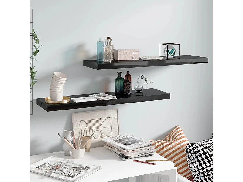 Étagère murale murale 2 pcs Noir brillant 90x23,5x3,8 cm MDF OFR82289 BonneVie Meuble