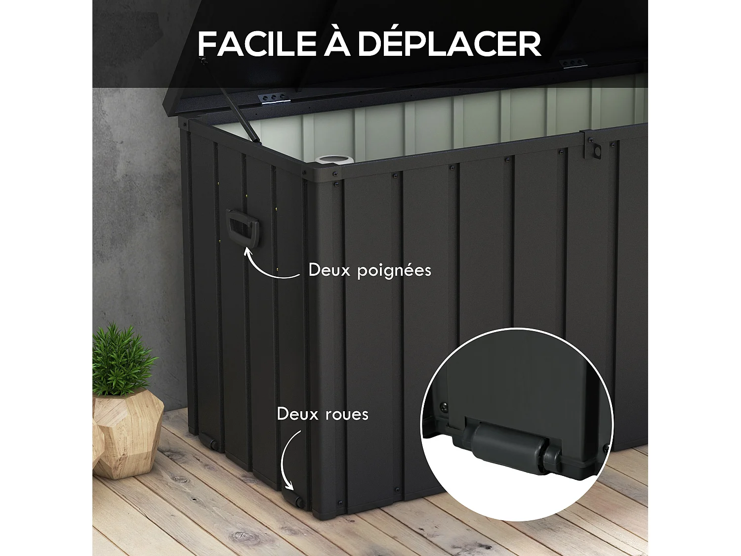 Coffre de rangement jardin capacité 450L - vérin à gaz, roulettes, poignée - acier PP anthracite