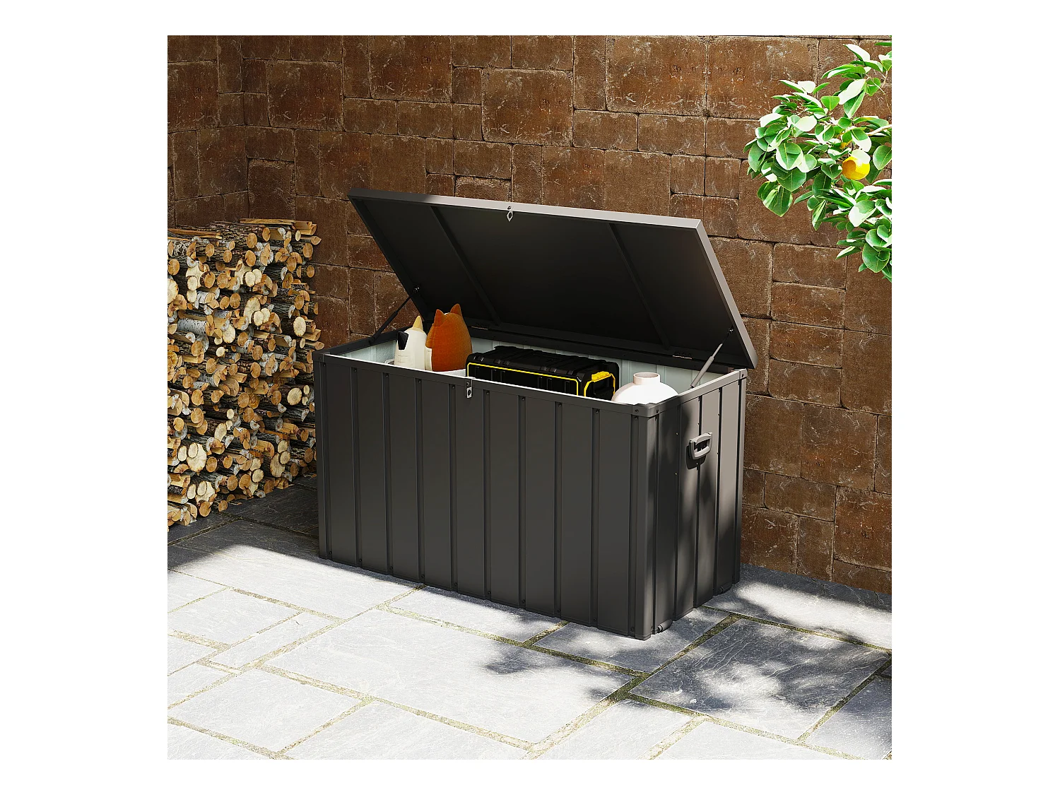 Coffre de rangement jardin capacité 450L - vérin à gaz, roulettes, poignée - acier PP anthracite