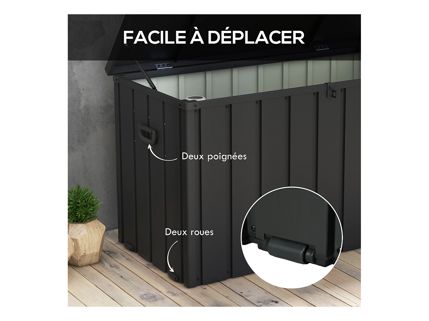 Coffre de rangement jardin capacité 450L - vérin à gaz, roulettes, poignée - acier PP anthracite