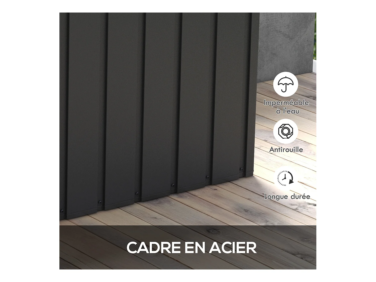 Coffre de rangement jardin capacité 450L - vérin à gaz, roulettes, poignée - acier PP anthracite