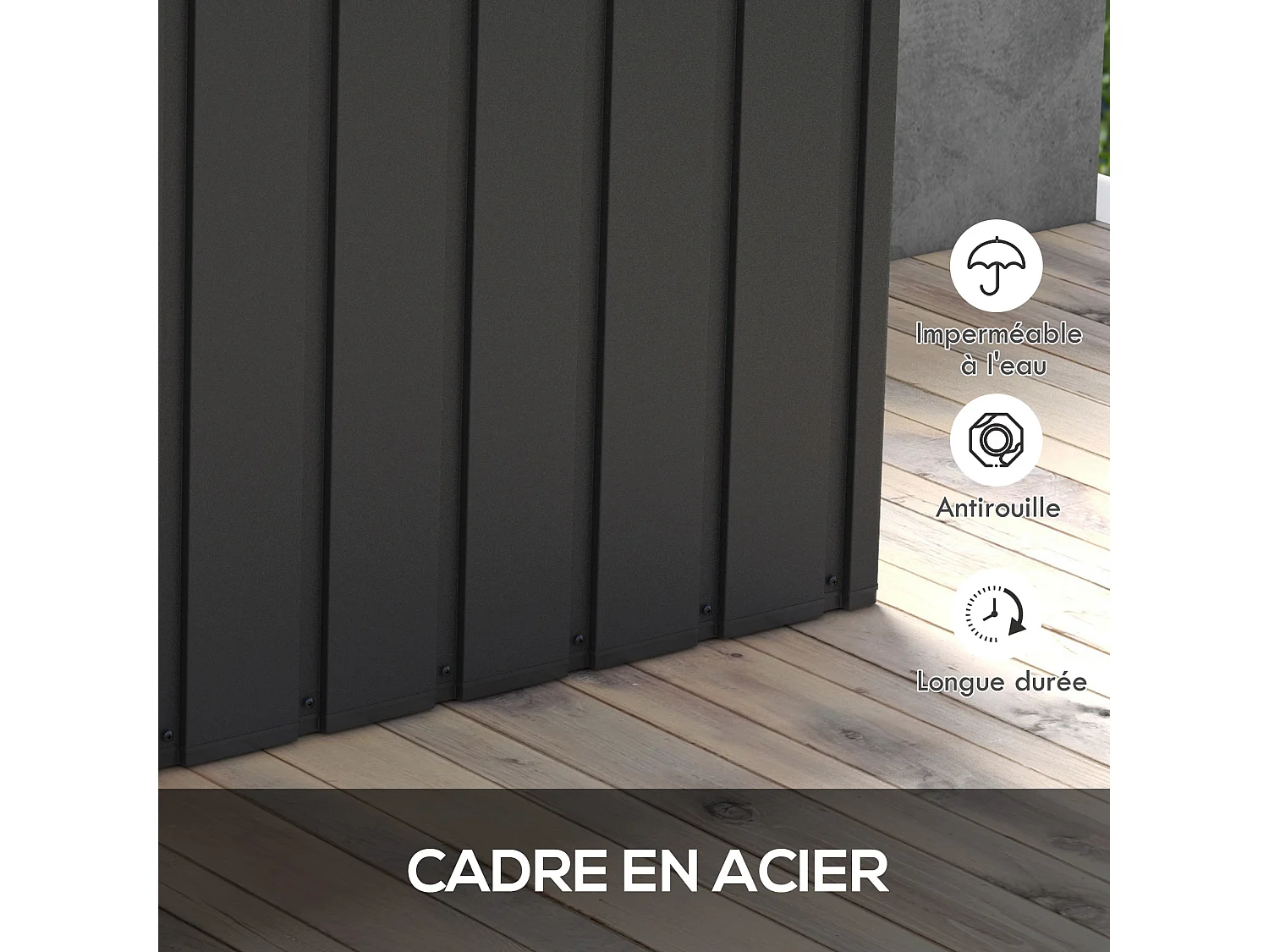 Coffre de rangement jardin capacité 450L - vérin à gaz, roulettes, poignée - acier PP anthracite