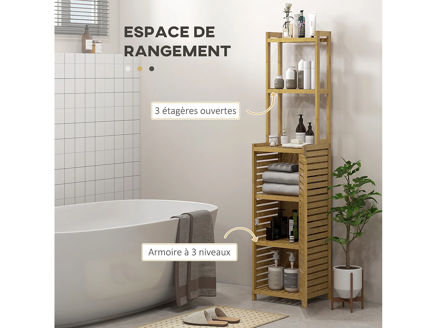 Meuble colonne salle de bain style naturel porte niche 4 étagères bambou