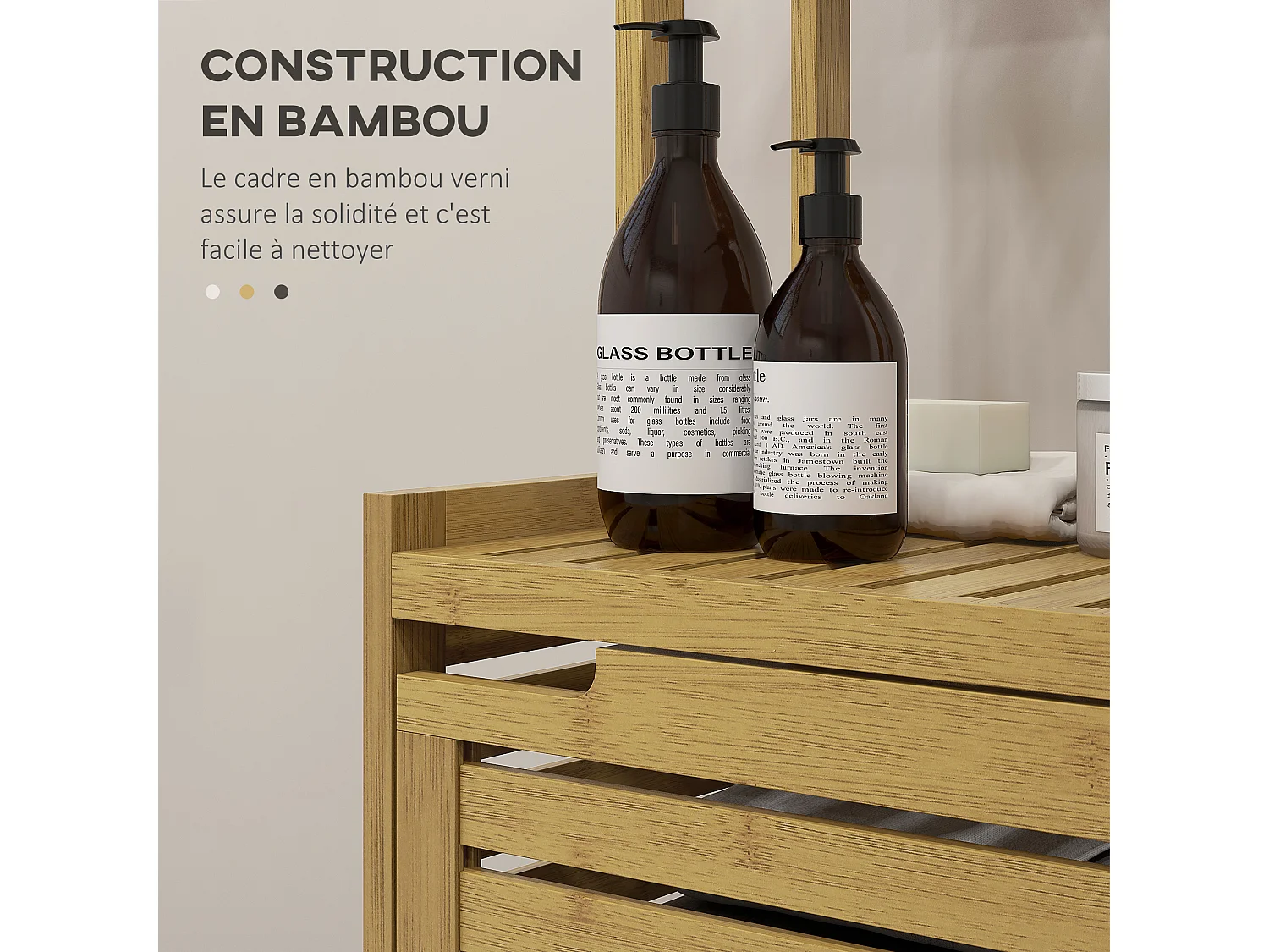 Meuble colonne salle de bain style naturel porte niche 4 étagères bambou