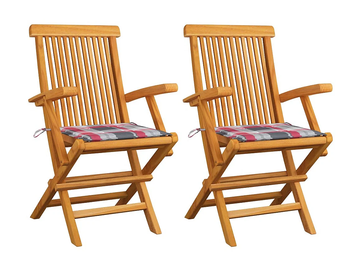 Chaises de jardin 2 pcs avec coussins à carreaux rouge Teck SEF19110