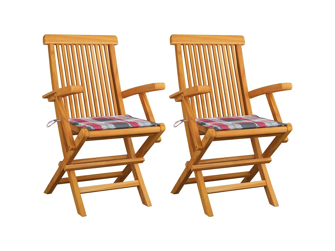 Chaises de jardin 2 pcs avec coussins à carreaux rouge Teck SEF19110