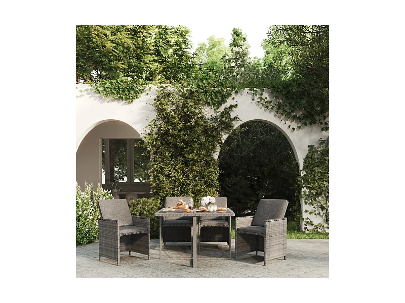 5-tlg. Garten-Essgruppe,Gartensitzgruppe mit Auflagen Poly Rattan Grau -gkd20458