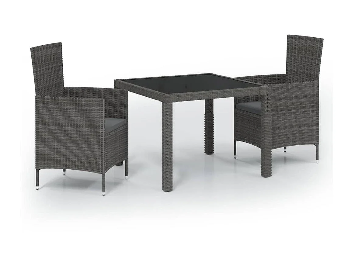 3-tlg. Garten-Essgruppe,Gartensitzgruppe mit Auflagen Poly Rattan Grau -gkd25066