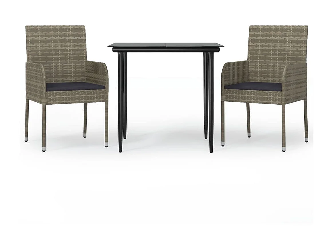 3 pcs conj. jantar p/ jardim c/ almofadões vime PE preto/cinza PT924131