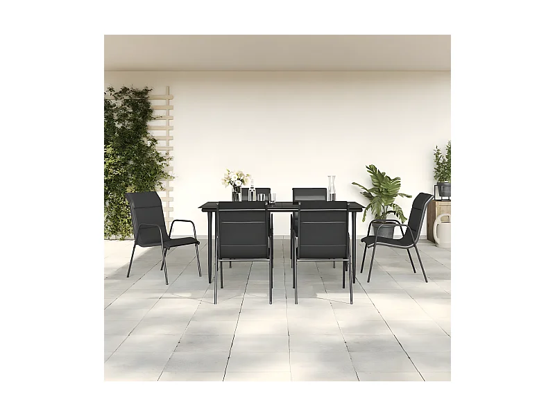 7 pcs conjunto de jantar para jardim aço e textilene preto PT474609