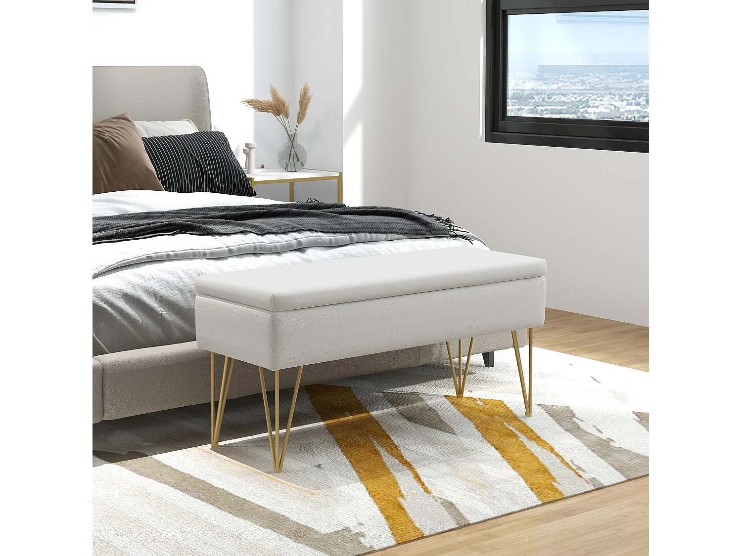 Banquette coffre de rangement 2 en 1 design art déco - piètement épingle acier doré tissu crème