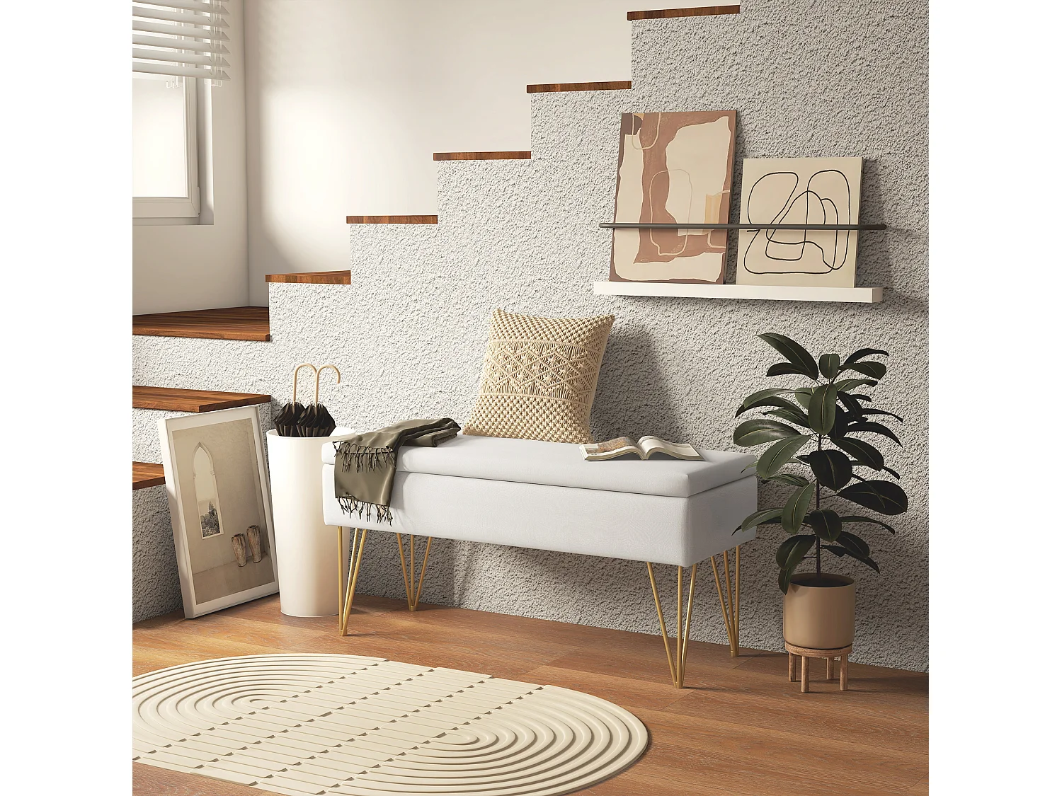 Banquette coffre de rangement 2 en 1 design art déco - piètement épingle acier doré tissu crème