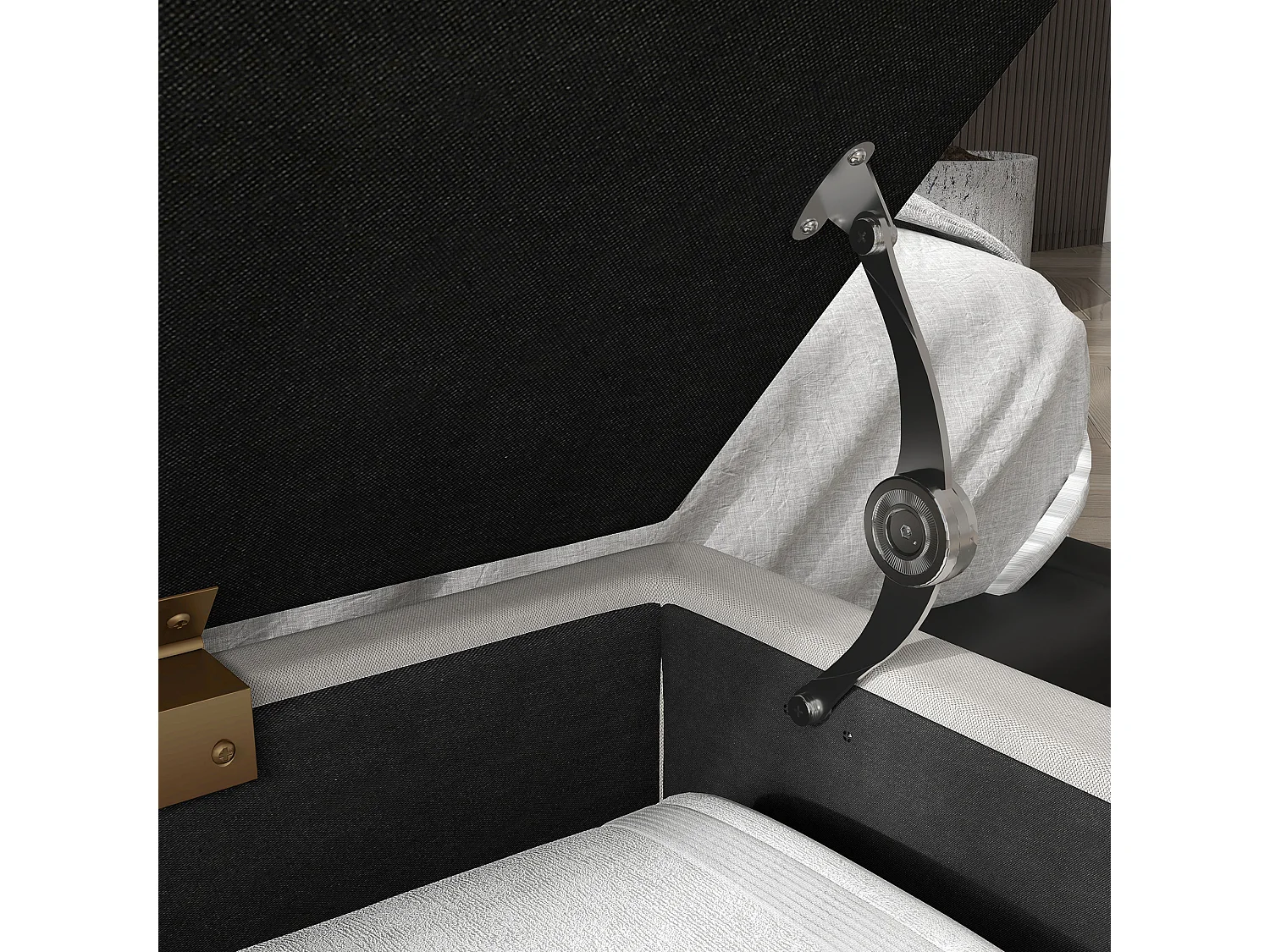 Banquette coffre de rangement 2 en 1 design art déco - piètement épingle acier doré tissu crème