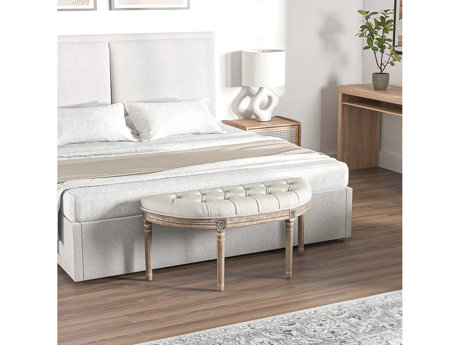 Banc bout de lit demi-lune style Louis XVI bois sculpté patiné tissu grège