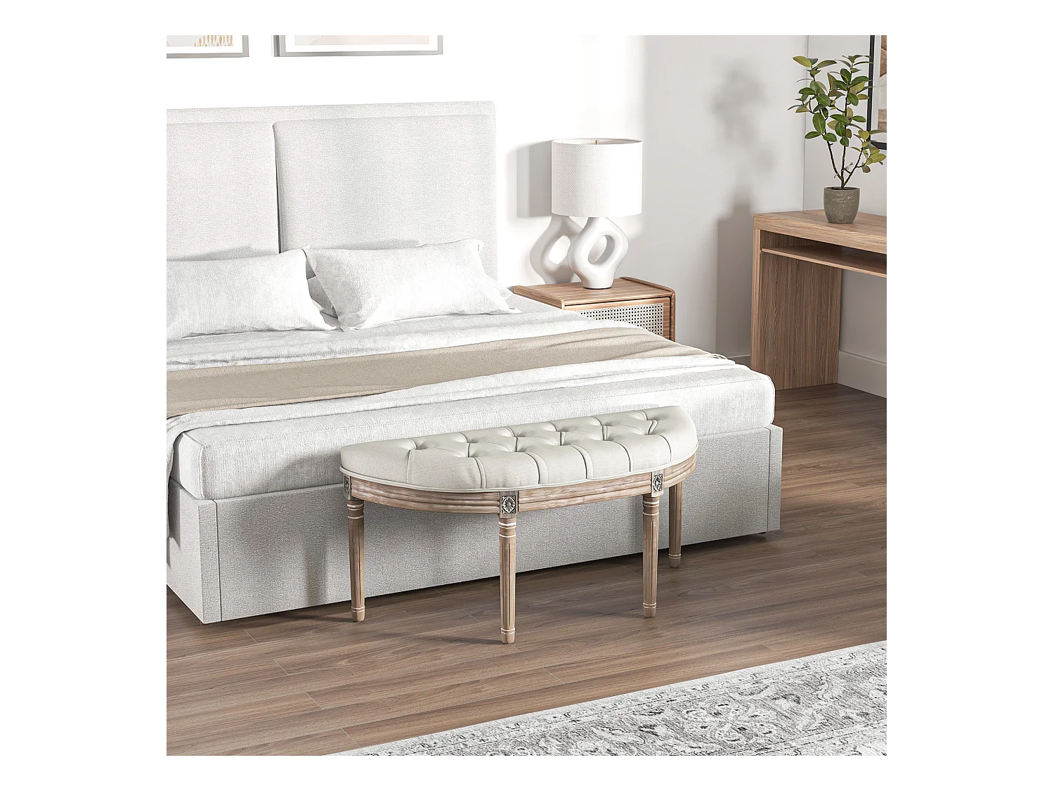 Banc bout de lit demi-lune style Louis XVI bois sculpté patiné tissu grège