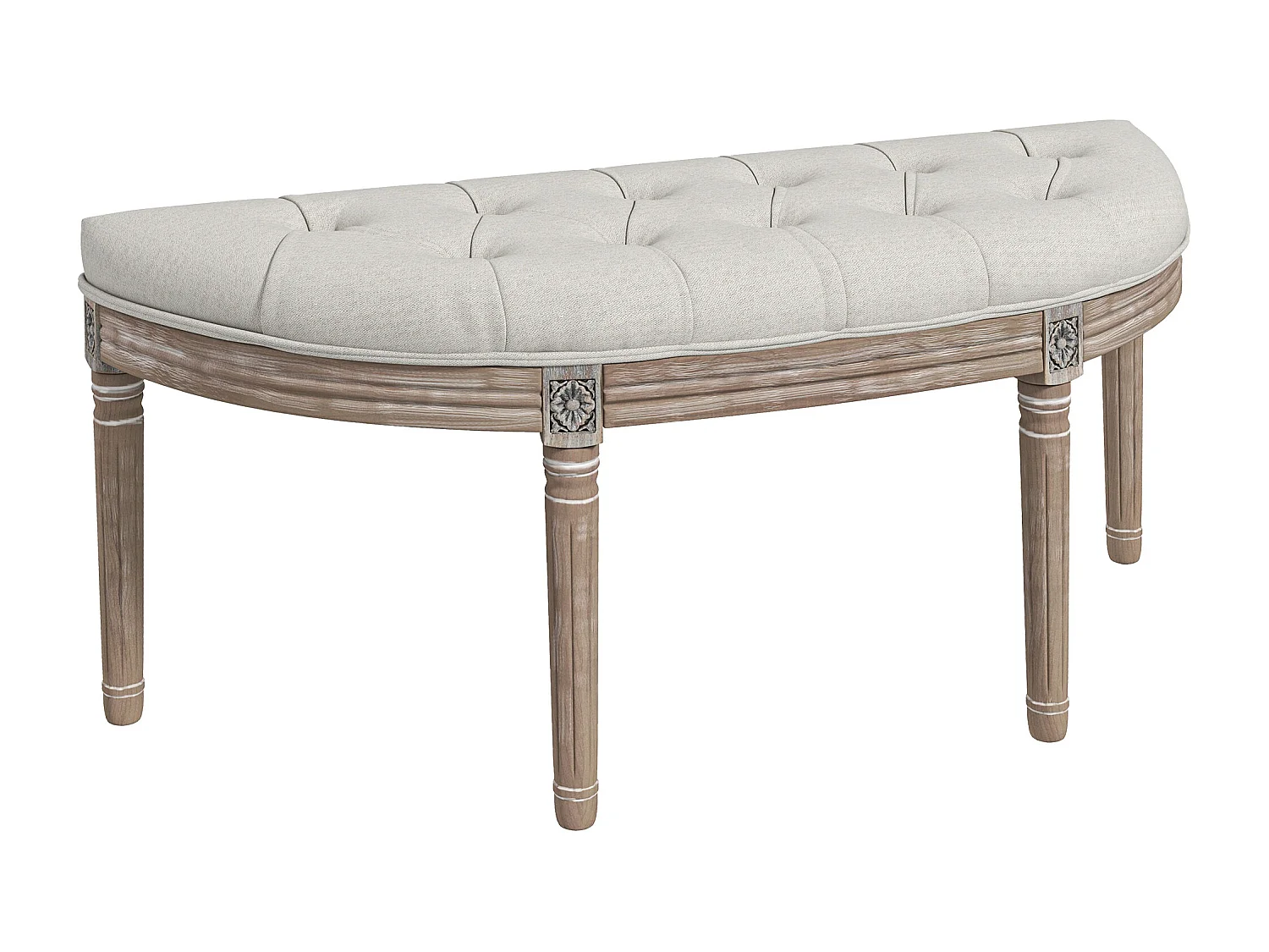 Banc bout de lit demi-lune style Louis XVI bois sculpté patiné tissu grège