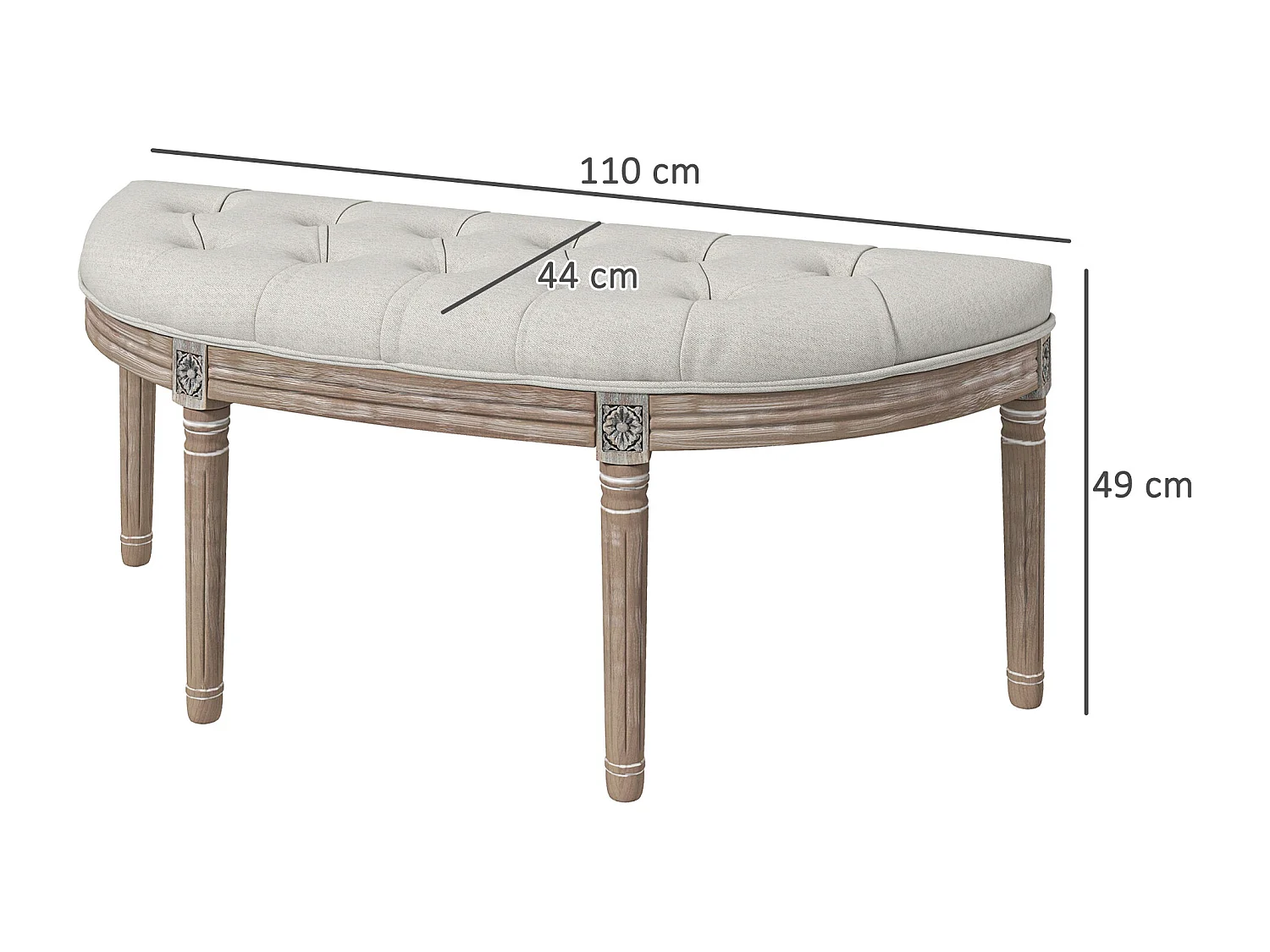 Banc bout de lit demi-lune style Louis XVI bois sculpté patiné tissu grège