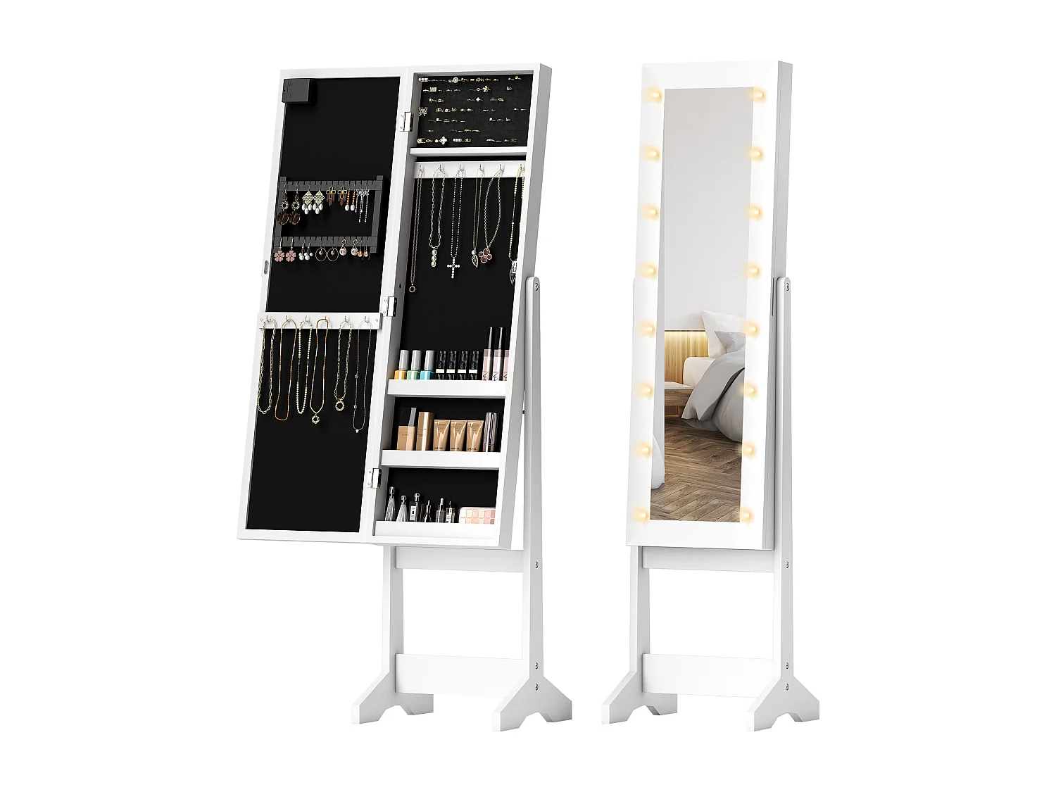 Armoire à bijoux armoire de rangement sur pied boîte à bijoux avec miroir multi-rangement éclairage LED blanc