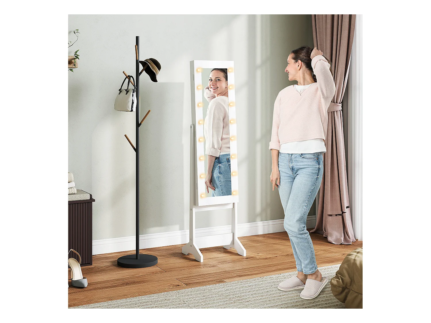 Armoire à bijoux armoire de rangement sur pied boîte à bijoux avec miroir multi-rangement éclairage LED blanc