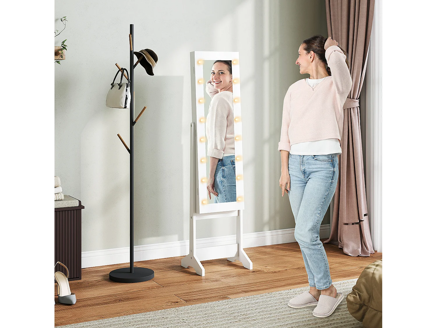 Armoire à bijoux armoire de rangement sur pied boîte à bijoux avec miroir multi-rangement éclairage LED blanc