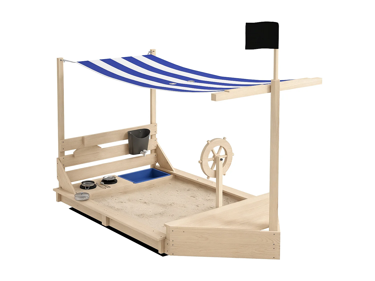 Bac à sable bateau de pirate en bois avec jeu de cuisine et 6 accessoires