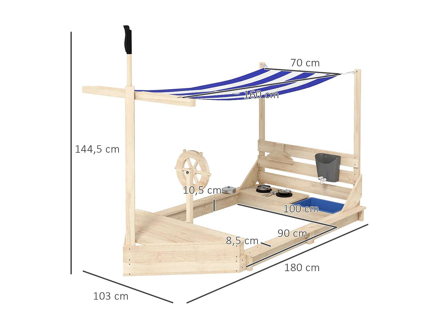 Bac à sable bateau de pirate en bois avec jeu de cuisine et 6 accessoires