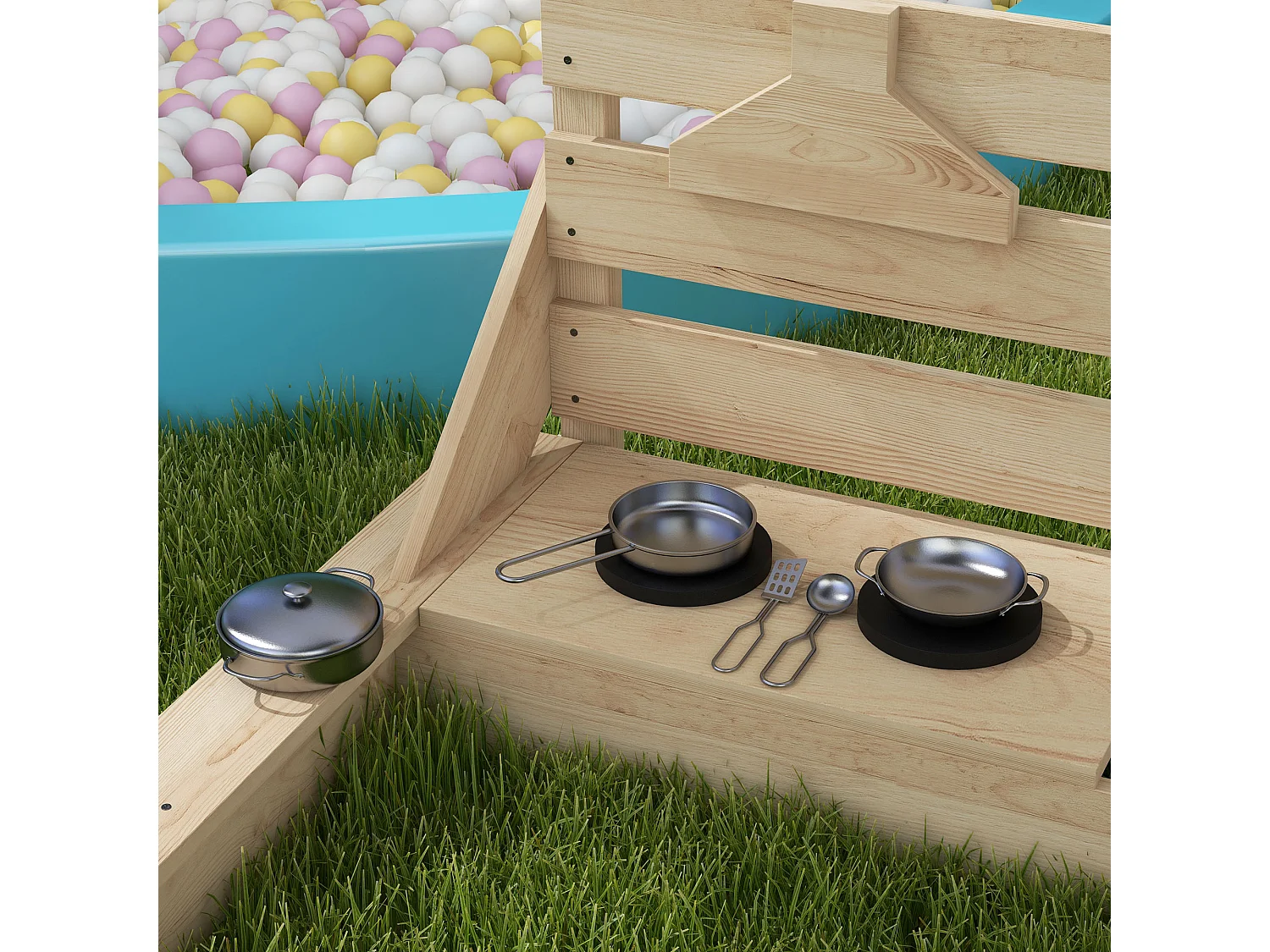 Bac à sable bateau de pirate en bois avec jeu de cuisine et 6 accessoires
