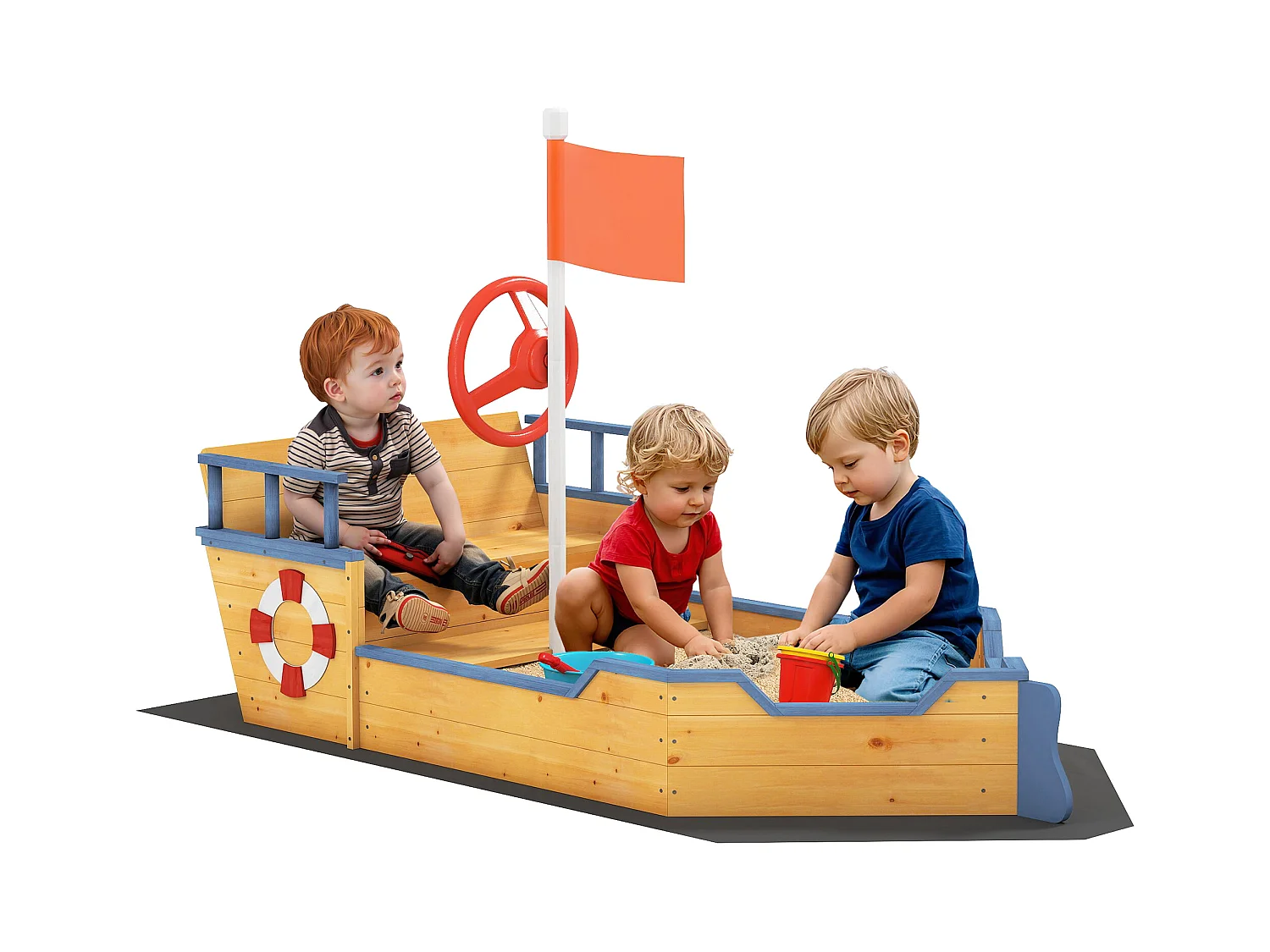 Bac à sable bateau de pirate - banc, coffre rangement, gouvernail, drapeau, bâche - bois sapin pré-huilé