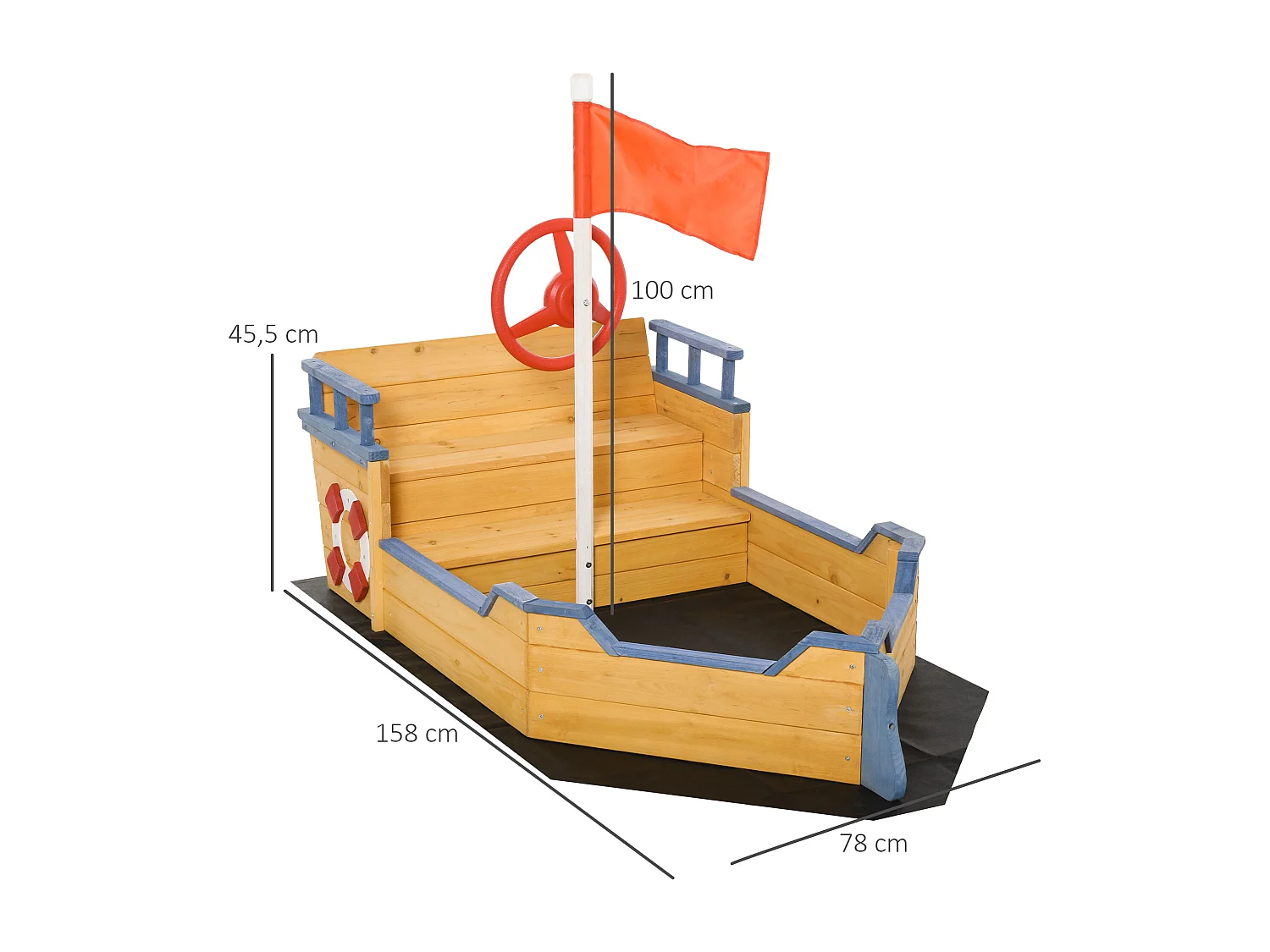 Bac à sable bateau de pirate - banc, coffre rangement, gouvernail, drapeau, bâche - bois sapin pré-huilé