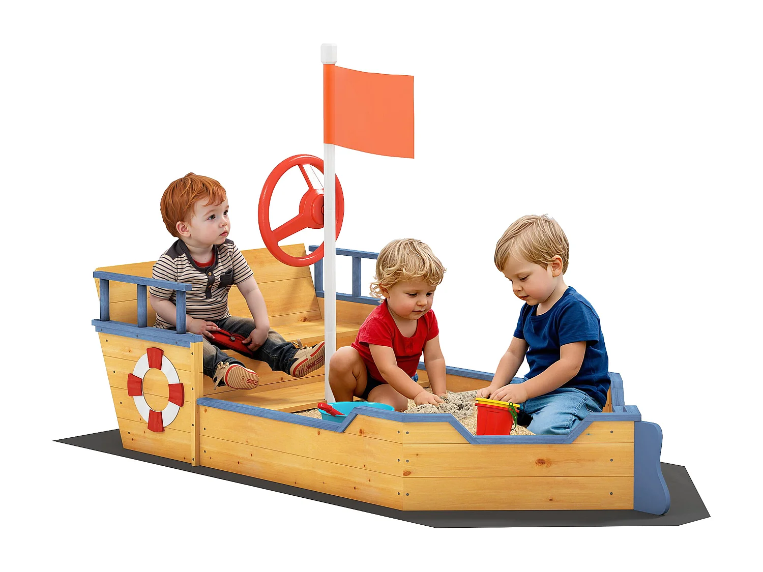 Bac à sable bateau de pirate - banc, coffre rangement, gouvernail, drapeau, bâche - bois sapin pré-huilé
